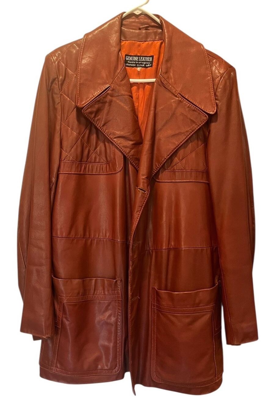 Men's Leather Coat Vintage Uraguay Marquis Quilted Design Orange Rust Carmel